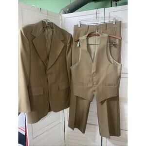 Vintage Sears The Men's Store Polyester 3 Piece Suit Khaki Tan Brown 39R